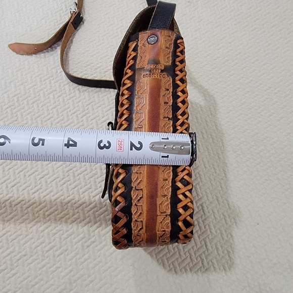 Handmade Tooled Leather Crossbody Satchel Bag Black Brown Made in Mexico - Picture 14 of 16